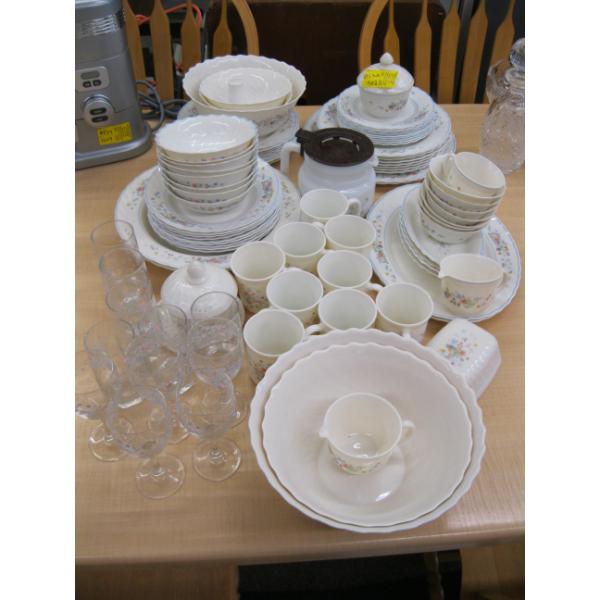 LG. SET OF MADE IN ARCOPAL, FRANCE DISHWARE - WHITE W/FLOWERS