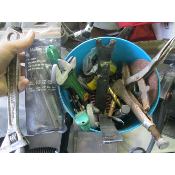 BUCKET OF MISC. HEX KEY SET, CRESCENT WRENCHES, ASST. TOOLS, ETC.