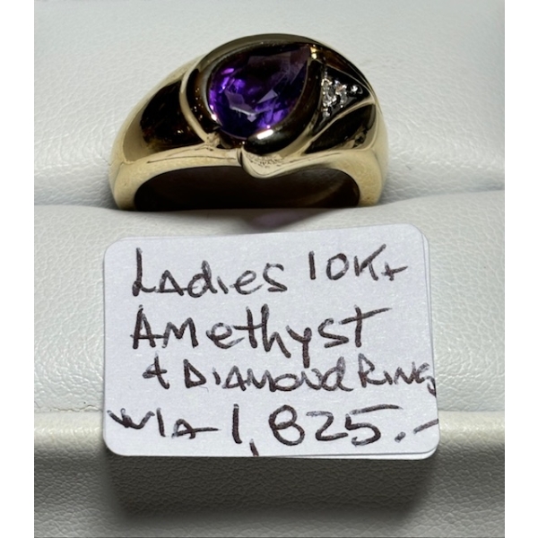 LADIES 10KT AMETHYST & DIAMOND RING, W/A $1,825 - SZ 8