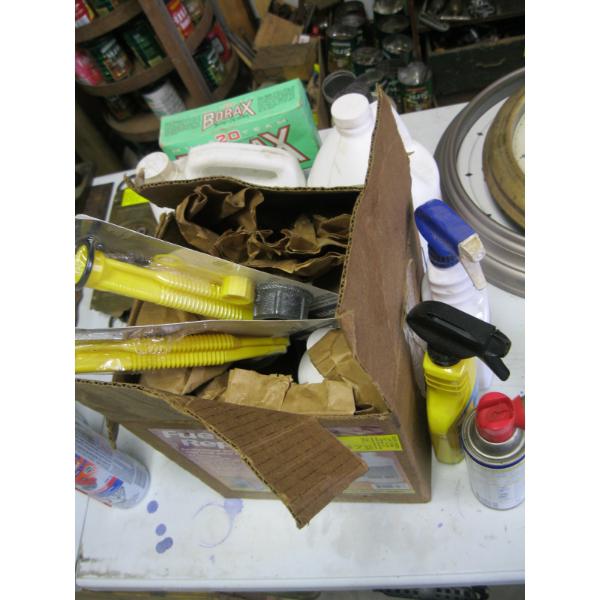 MISC. GAS CAN SPOUTS, WD40, ENGINE CLEANER, HYDRAULIC TRANSMISSION FLUID, ETC.