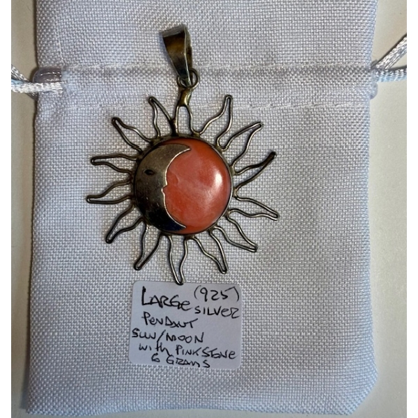 .925 SILVER LG. PENDANT - SUN MOON W/PINK STONE