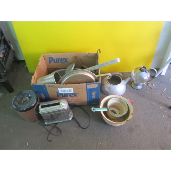BOX OF MISC. - TOASTER, KETTLES, CANNISTER SET, ETC.