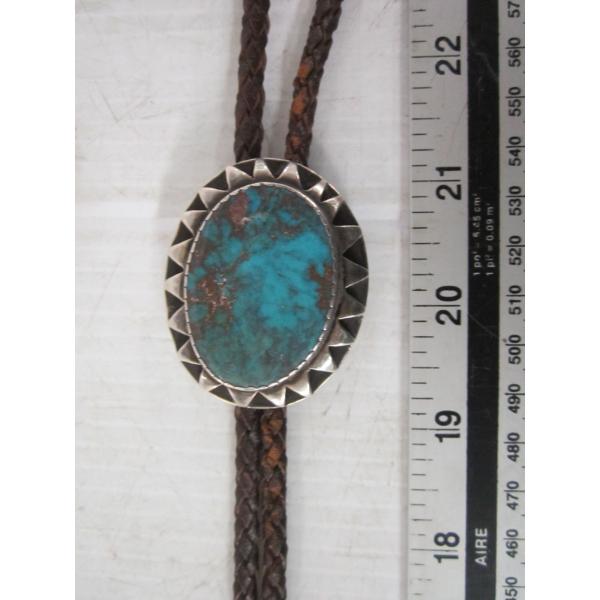 SILVER NAVAJO BOLO TIE W/TURQUOISE STONE, SIGNED BEM BISBEE, 3RD 77 ARIZONA