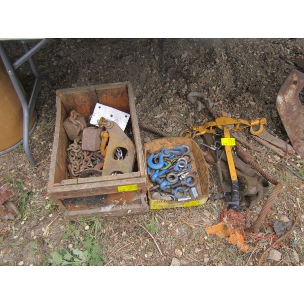 CABLE COME A LONG & 2 SLINGS, CHAIN HOOKS, ETC.