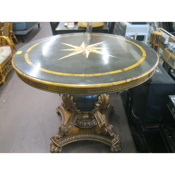 LG. DECORATIVE ROUND TABLE W/INLAY & UNIQUE CLAWFOOT BASE
