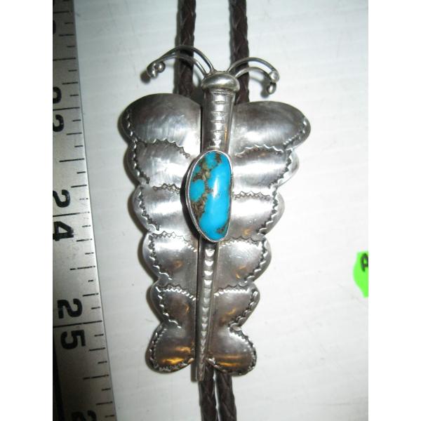BUTTERFLY SILVER & TURQHOISE NAVAJO BOLO TIE