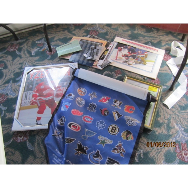 MISC. FRAMED PICTURES, PENNANT, NEWS ARTICLES ON HOCKEY