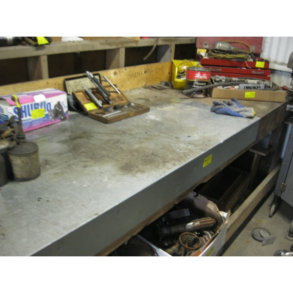 HD WOODEN WORK BENCH W/BACK SHELF UNIT & 1/2 METAL TOP - APPROX. 9'