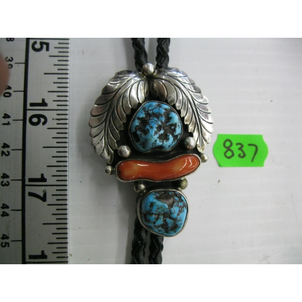 SILVER W/TURQUOISE & CORAL STONE BOLO TIE, MARKED MANNING
