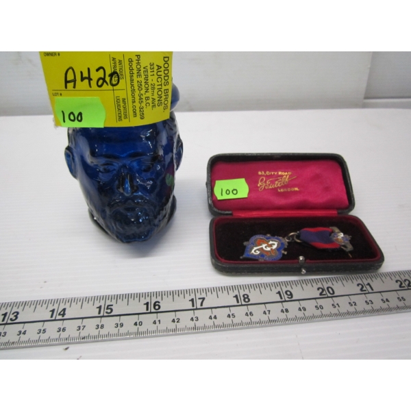 MEDALLION OF ORDER OF ODDFELLOWS & BLUE FACE JAR