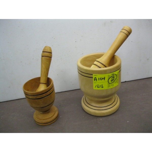 2 WOODEN MORTAR & PESTLES