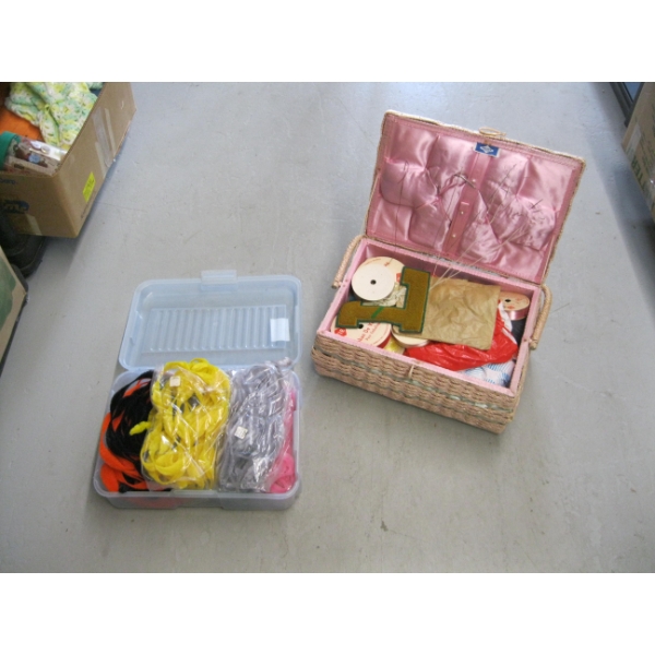 BIN & SEWING BASKET OF MISC. CONTENTS