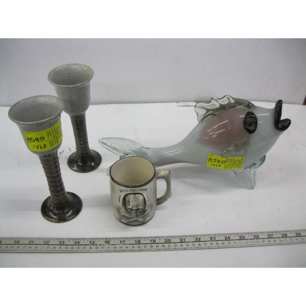 2 POTTERY GOBLETS, SKULL MUG & GLASS FISH