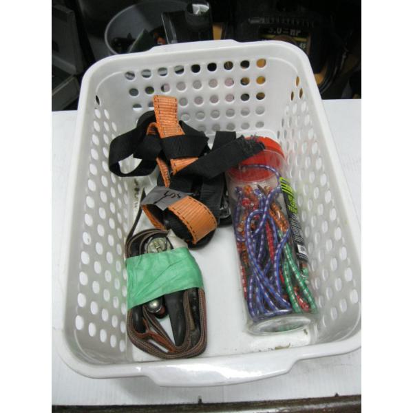BASKET OF MISC. BUNGEE CORDS, RATCHET TIE DOWN STRAPS
