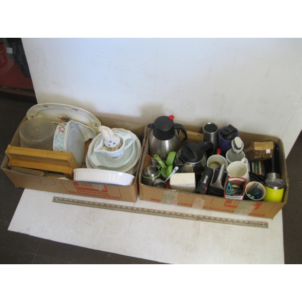 2 FLATS OF DISHWARE, CUPS, WATER BOTTLES, ETC.