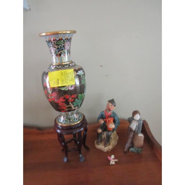 CLOISONNE VASE & 2 SM. FIGURINES
