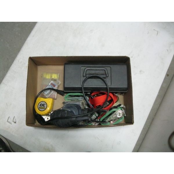 MISC. MASTERCRAFT SANDER, JUMPER CABLES, TIE DOWN STRAPS, SM. TOOLBOX, ETC.