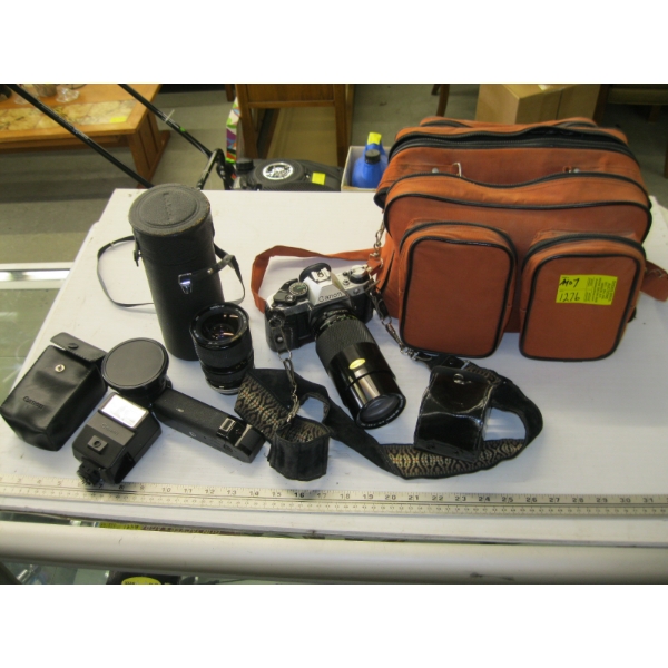CANON AE1 CAMERA W/LENSES & ACCESS. IN BAG