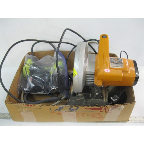 BLACK & DECKER CIRCULAR SAW, RYOBI CORDLESS DRILL W/BATTERY, CHARGER, ETC.