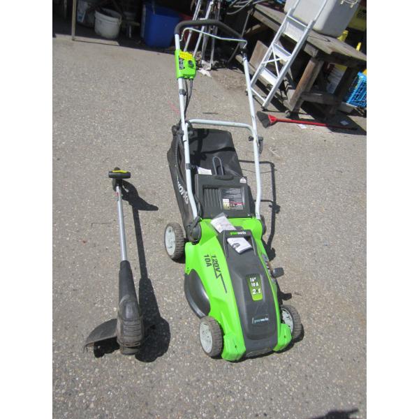 GREENWORKS ELECTRIC LAWNMOWER & WEED WACKER