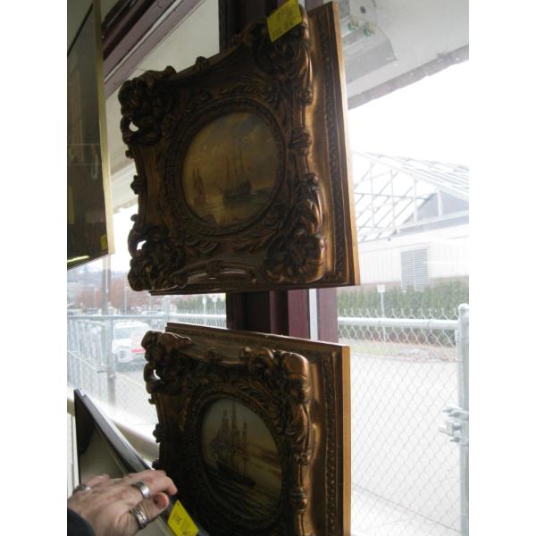 PAIR OF ORNATELY FRAMED SHIP PAINTINGS