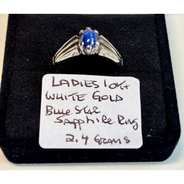 LADIES 10KT WHITE GOLD BLUE STAR SAPPHIRE RING, 2.4G, SZ 6.5