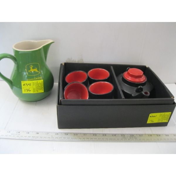 BLACK & RED CHINESE TEAPOT W/4 CUPS & A JOHN DEERE WATER PITCHER