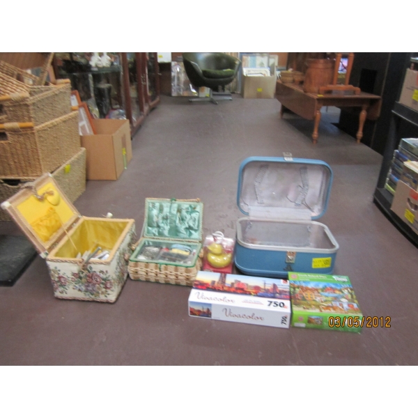 SEWING BASKET W/MISC. CONTENTS & A BLUE SUITCASE W/CONTENTS