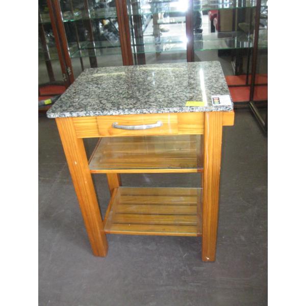 MARBLE TOP WOOD TABLE W/2 SHELVES
