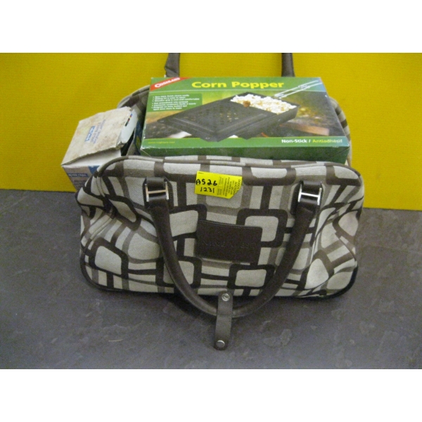 NINE WEST BAG W/LANTERN, POPCORN POPPER, CAMPING ITEMS