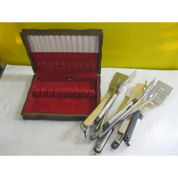 BAG OF ASST. BBQ UTENSILS & A CUTLERY BOX