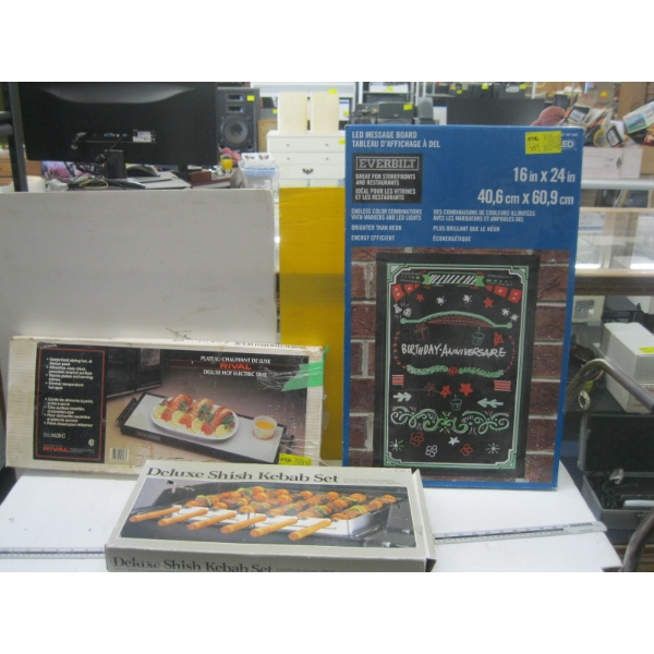 LED MESSAGE BOARD, DELUXE SHISH KABOB SET & RIVAL DELUXE HOT ELECTRIC TRAY