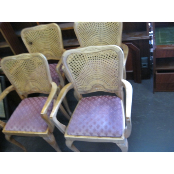SET OF 4 WOOD FRAMED UPHOLSTERED SEAT, CANE BACK DINING CHAIRS