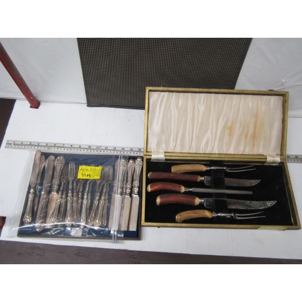 SILVERPLATE CUTLERY & A BONE HANDLED CARVING SET