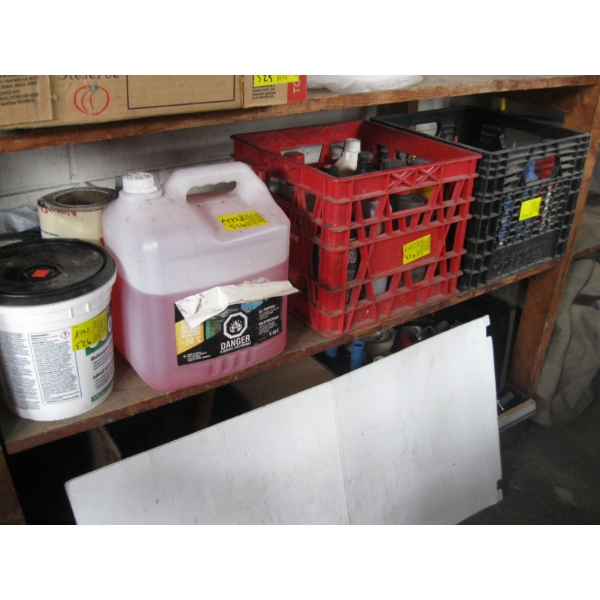 MISC. ADHESIVE, ANTIFREEZE, 2 CRATES OILS, CLEANERS, ETC.