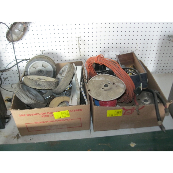 2 BOXES OF MISC. TRAILER WIRING PARTS, LAWNMOWER WHEELS, ETC.