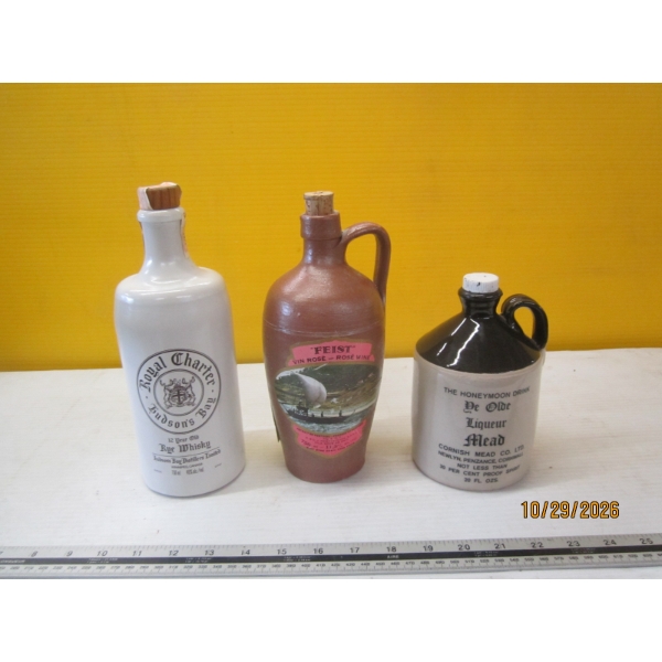 3 CROCKERY BOTTLES - HUDSON BAY, MEAD, ETC.