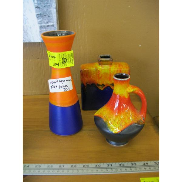 3 WEST GERMAN FAT LAVA POTTERY ORANGE & BLUE VASES