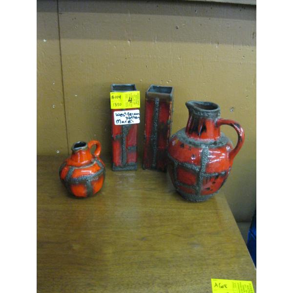 4 WEST GERMAN POTTERY MCM VASES BY MAREI