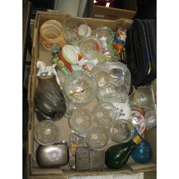 BOX OF MISC. GLASSWARE, TIN BOX, DECANTER, ETC.