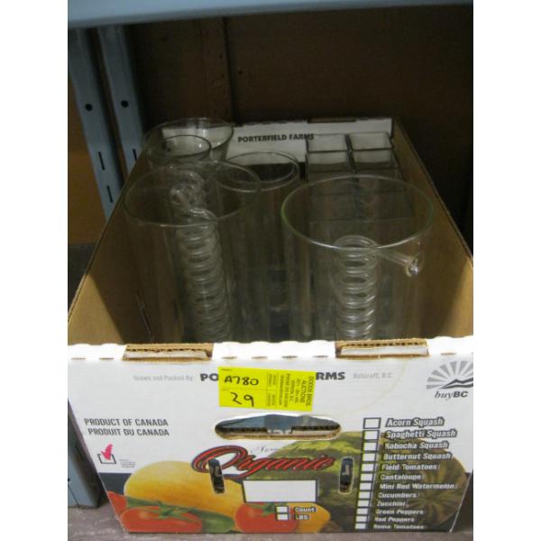 ASST. GLASS VASES, CHEMISTRY BEAKERS, ETC.