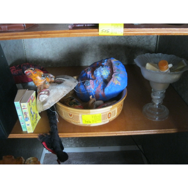 MISC. MASKS, WOODEN BOWL, BOOKS, ETC.