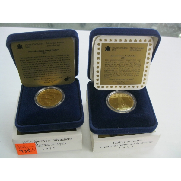 1995 PEACEKEEPING PROOF $1 COIN & A 1994 REMEMBERANCE PROOF $1 COIN