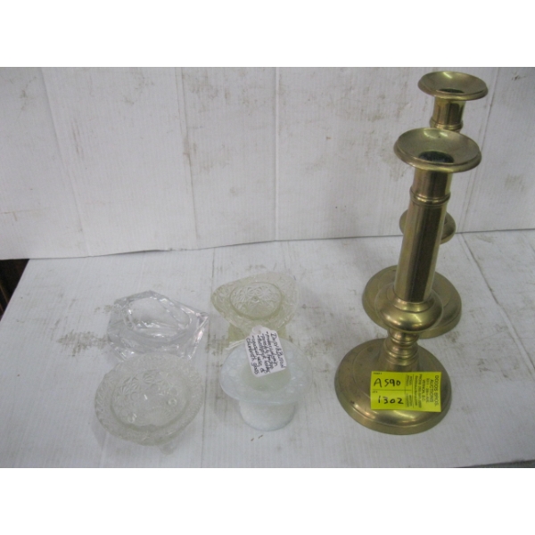 BRASS CANDLESTICKS, TOOTHPICK HOLDERS, ETC.