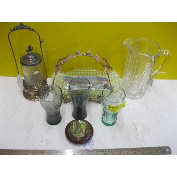 MISC. PICKLE JAR, JUG, COCA COLA GLASSES, ETC.