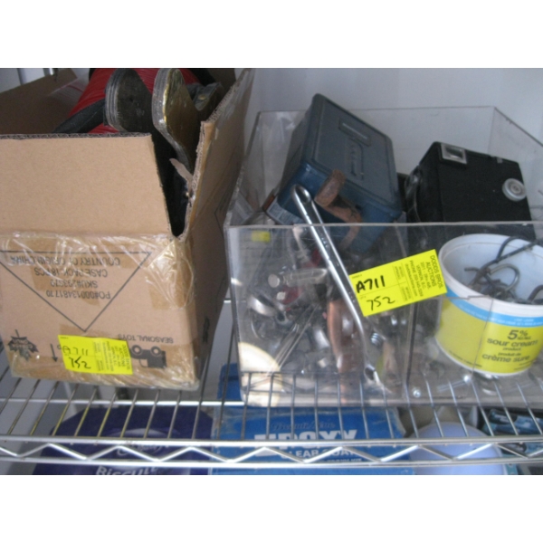2 BOXES OF MISC. TOOLS, WEED WACKER TWINE, ETC.