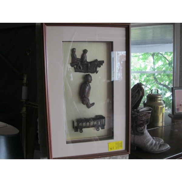 BOX FRAMED ANTIQUE METAL TOYS