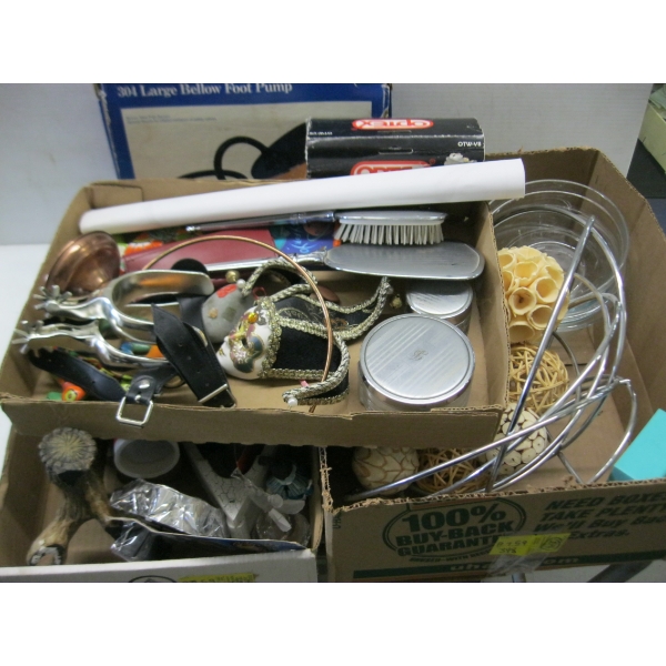 3 BOXES OF MISC. PAINTED HORN, SPURS, GLASS BOWLS, ETC.