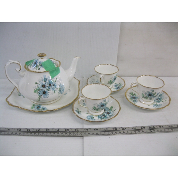 ROYAL ALBERT MARGARITE TEAPOT, 3 CUPS/SAUCERS & SM. SERVING PLATE