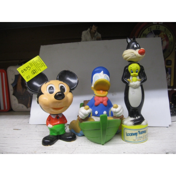 DAFFY DUCK BANK, MICKEY MOUSE PULL STRING TALKING TOY & SYLVESTER BUBBLE BATH BOTTLE